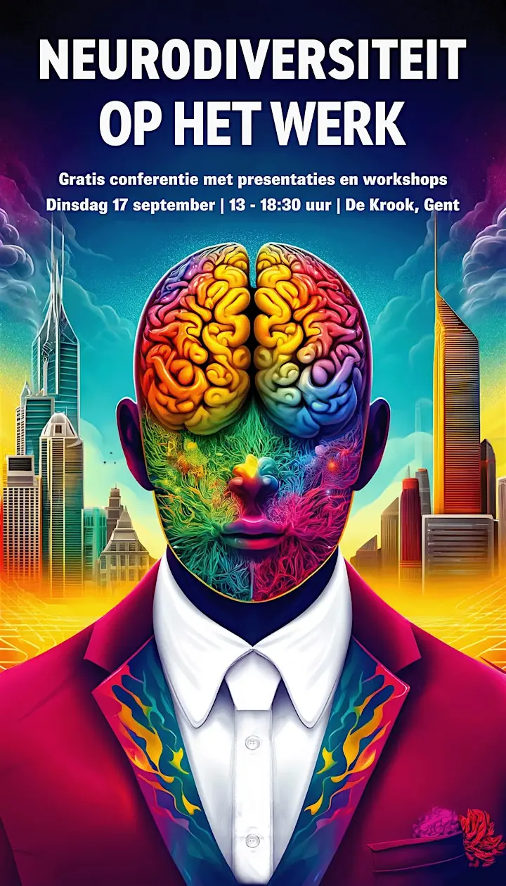 Illustration d'une personne dans un décor futuriste, avec une représentation du cerveau aux couleurs variées et des bâtiments d'aspect futuriste en arrière-plan. Le titre est « neurodiversité au travail ».